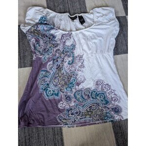 Excess Womens White Purple Paisley Empire Waist Cap Sleeve Cotton Top Size M